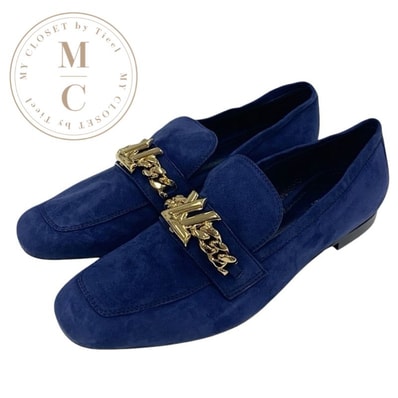 ルイヴィトン LOUIS VUITTON アッパーケースライン ローファー 革靴 靴 シューズ スエード ネイビー ゴールド 未使用 チェーンビット LV金具 フラットシューズ