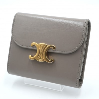 CELINE(セリーヌ)トリオンフ スモール フラップウォレット 三つ折り財布 グレー シャイニーカーフスキン ゴールド金具 レディース 【中古】