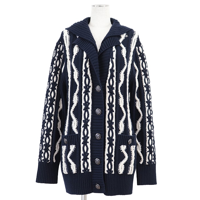 シャネル P59195 ニット セーラーカラー ローゲージ アンカー&COCOマークボタン カーディガン レディース ネイビー ホワイト 40 CHANEL