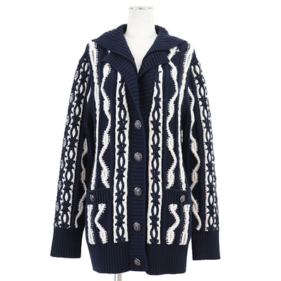 シャネル P59195 ニット セーラーカラー ローゲージ アンカー&COCOマークボタン カーディガン レディース ネイビー ホワイト 40 CHANEL