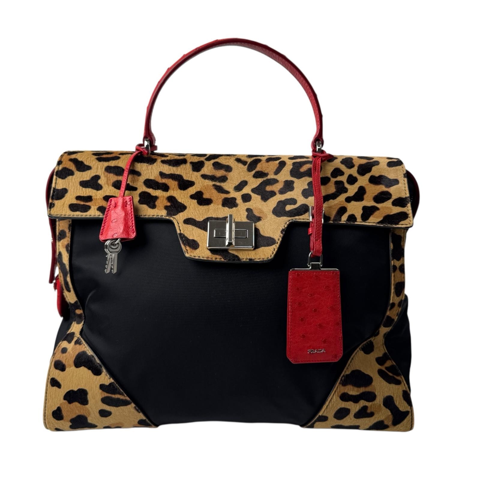 プラダ PRADA レオパード オーストリッチ×ハラコ ハンドバッグ 1BA004 レディース