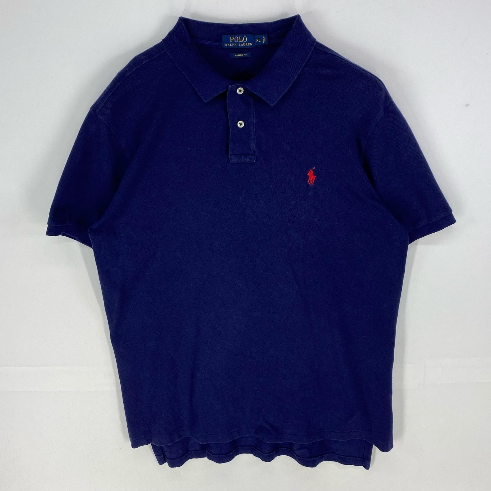 古着 ポロ・ラルフローレン POLO RALPH LAUREN 鹿の子 半袖シャツ ワンポイント ポニー ポロシャツ 刺繍 XL ネイビー系 無地 メンズ