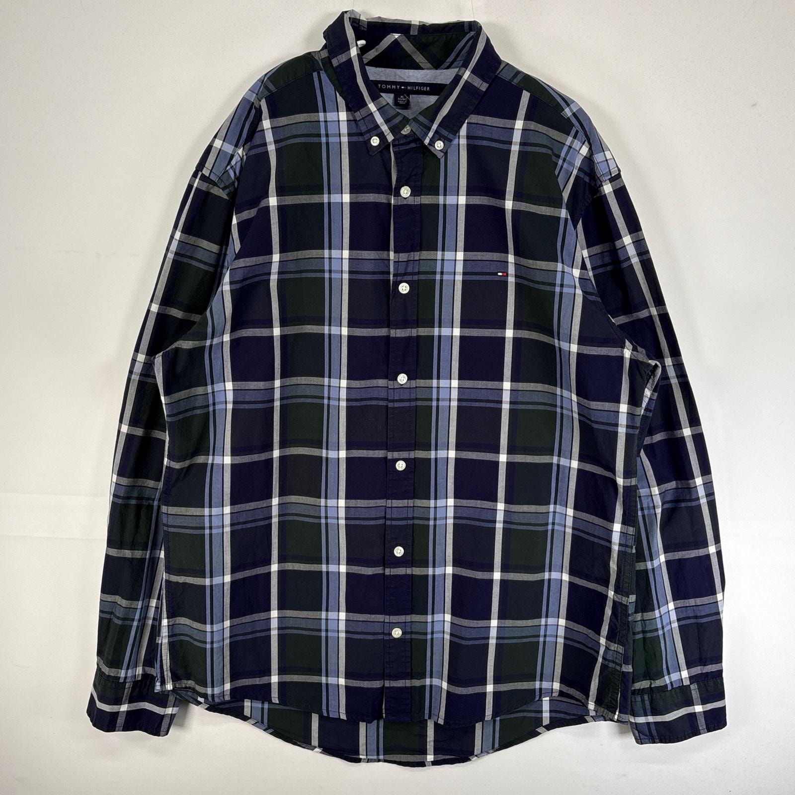 古着 トミーヒルフィガー TOMMY HILFIGER 長袖シャツ 大きいサイズ チェック ロゴ 刺繍 XL ネイビー マルチカラー メンズ
