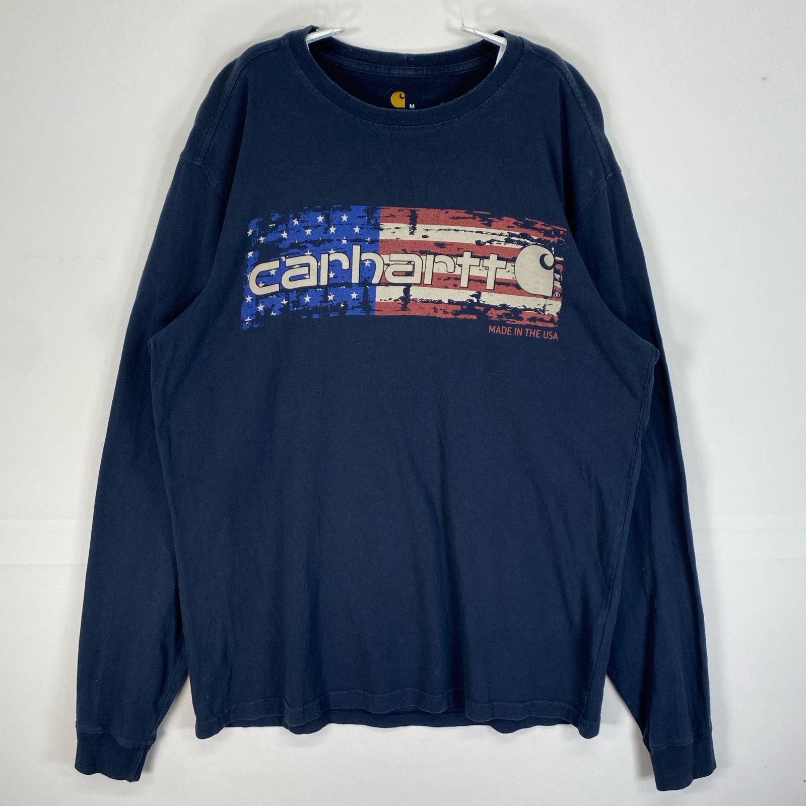 古着 カーハート Carhartt 長袖Tシャツ 星条旗 USA製 クルーネック M  ネイビー プリント メンズ
