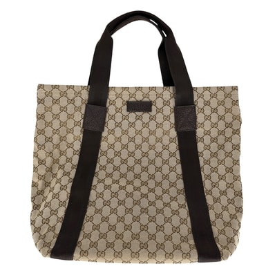 GUCCI グッチ トートバッグ ハンドバッグ 肩掛け 鞄 かばん 189669 GGキャンバス レザー ベージュ ブラウン 茶 シルバー金具 レディース 美品【中古品】