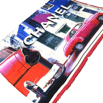 新品未使用 CHANEL シャネル 大判 車 ブルー ホワイト レッド シルク スカーフ ストール 男女兼用 602008 【中古】