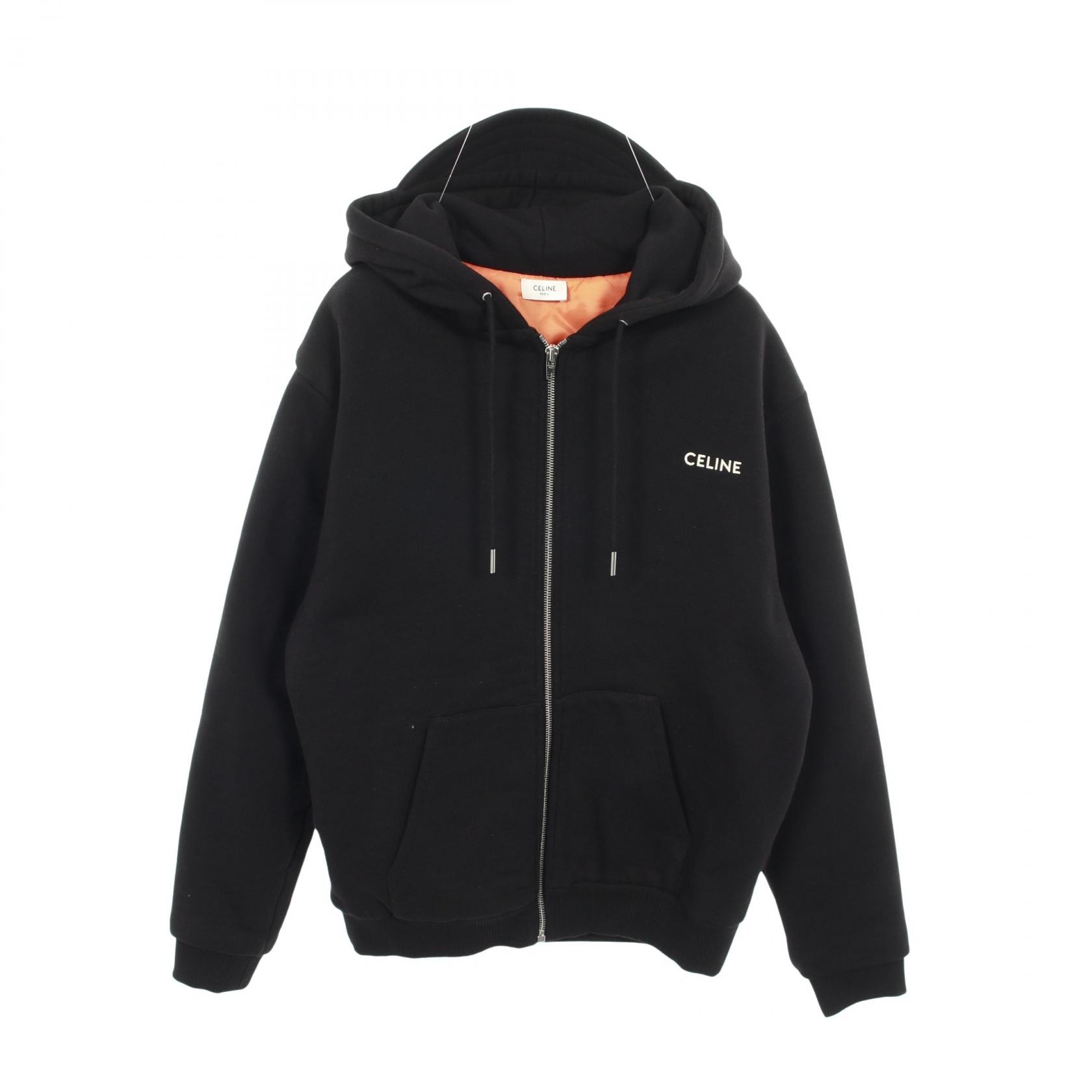 セリーヌ CELINE ロゴ刺繍 ジップアップパーカー 衣料品 アウター コットン メンズ ブラック系 【中古】