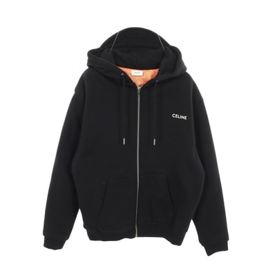 セリーヌ CELINE ロゴ刺繍 ジップアップパーカー 衣料品 アウター コットン メンズ ブラック系 【中古】