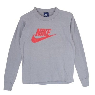 NIKE ナイキ Tシャツ 80s 紺タグ USA製 子供用 キッズ ロゴ 長袖 Tシャツ グレー系 L【中古】