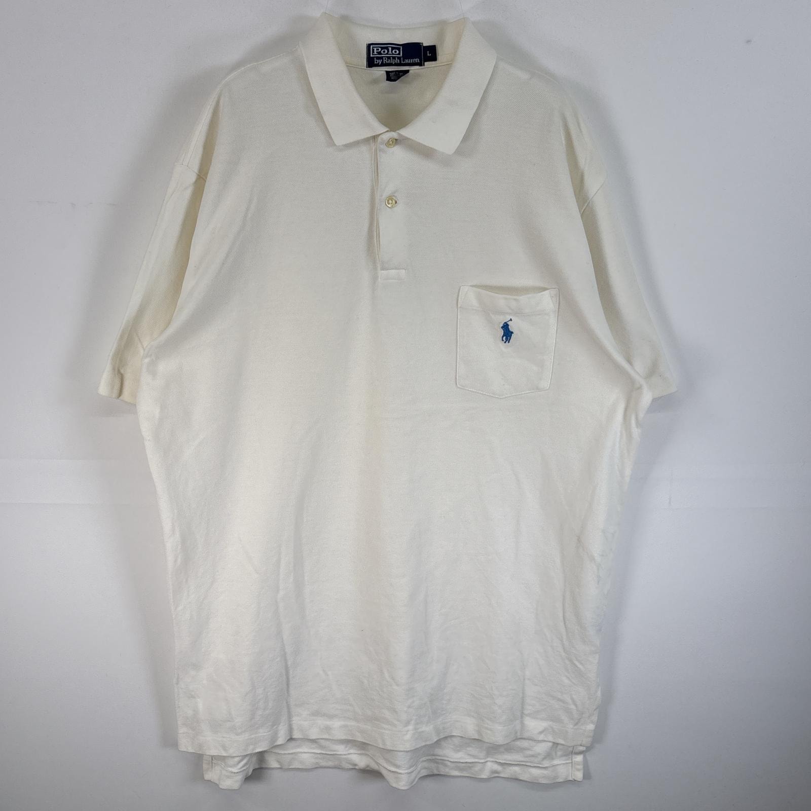 古着 90's/90年代 ポロバイラルフローレン Polo by Ralph Lauren 鹿の子 半袖 ポロシャツ ロゴ 刺繍 胸ポケ 2ボタン L  ホワイト 無地 メンズ