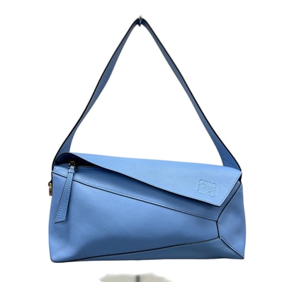 LOEWE 希少 極美品 PUZZLE パズル ホーボーバッグ ショルダーバッグ A510J67X01 カーフ レザー ブルー ライトブルー セミショルダー ワンショルダー ミニバッグ Aランク 中古 鑑定済 ロエベバッグ
