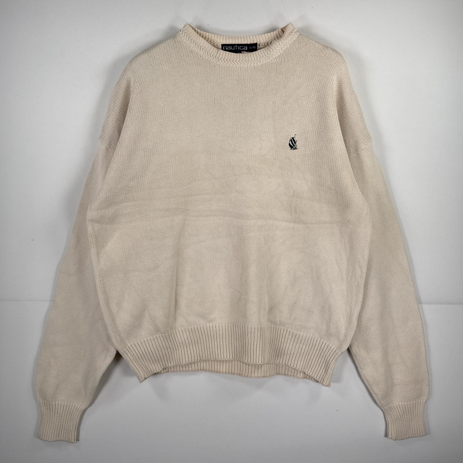 古着 90's/90年代 ノーティカ NAUTICA 長袖 セーター クルーネック ワンポイント コットン ニット 丸首 L  ホワイト 無地 メンズ