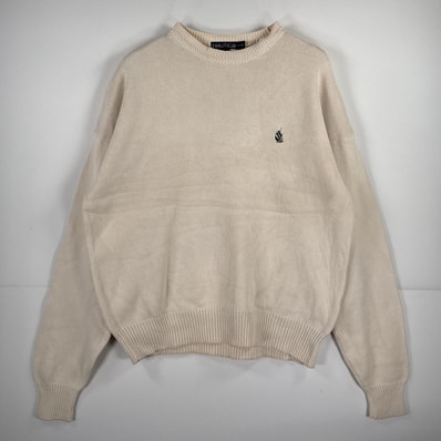 古着 90's/90年代 ノーティカ NAUTICA 長袖 セーター クルーネック ワンポイント コットン ニット 丸首 L ホワイト 無地 メンズ