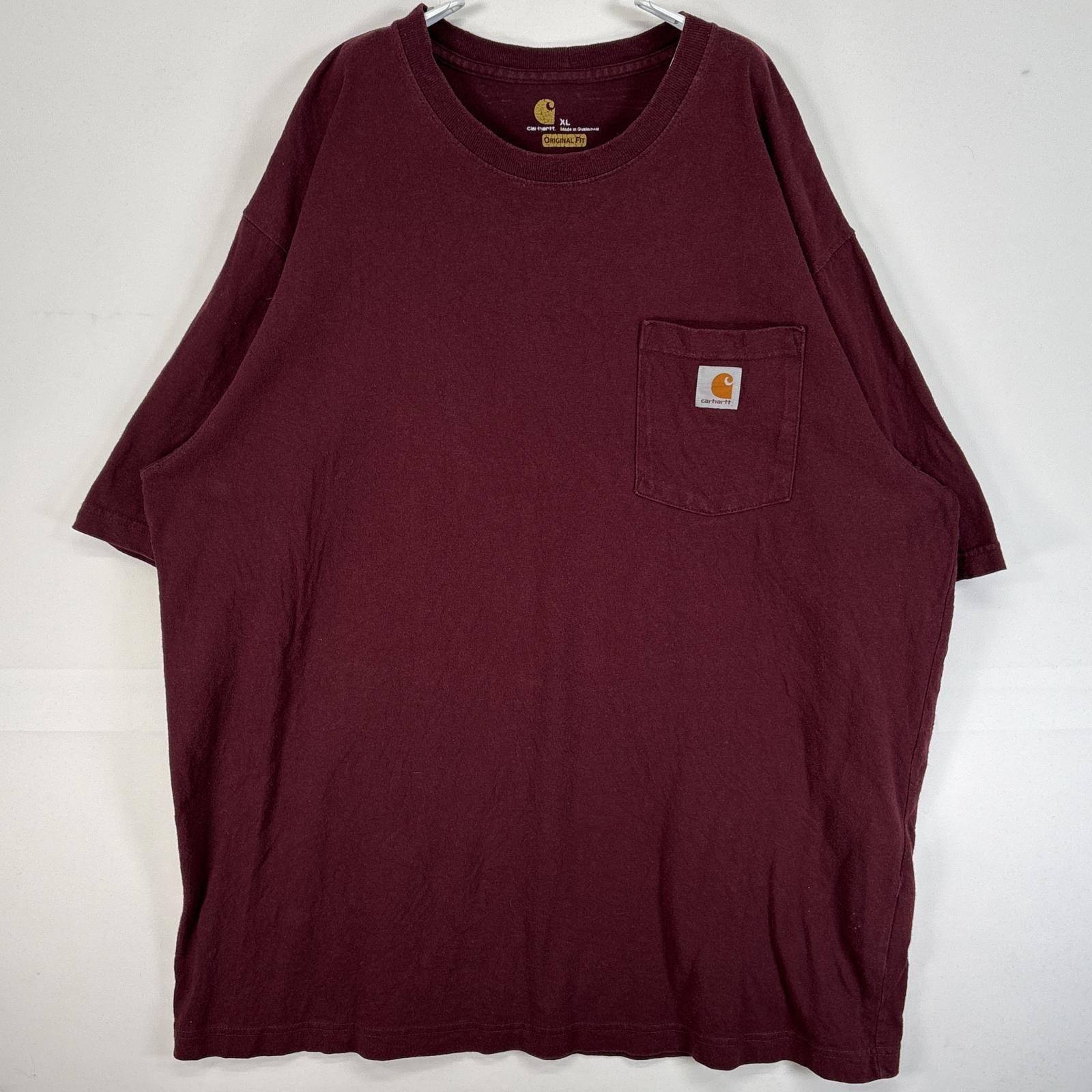 古着 カーハート Carhartt 半袖Tシャツ 大きいサイズ 肉厚 ワンポイント ロゴ 胸ポケ XL ワインレッド 無地 メンズ