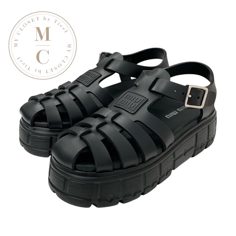 ミュウミュウ MIUMIU EVA サンダル 靴 シューズ ラバー ブラック 黒 プラットフォーム ストラップ 厚底 ロゴ