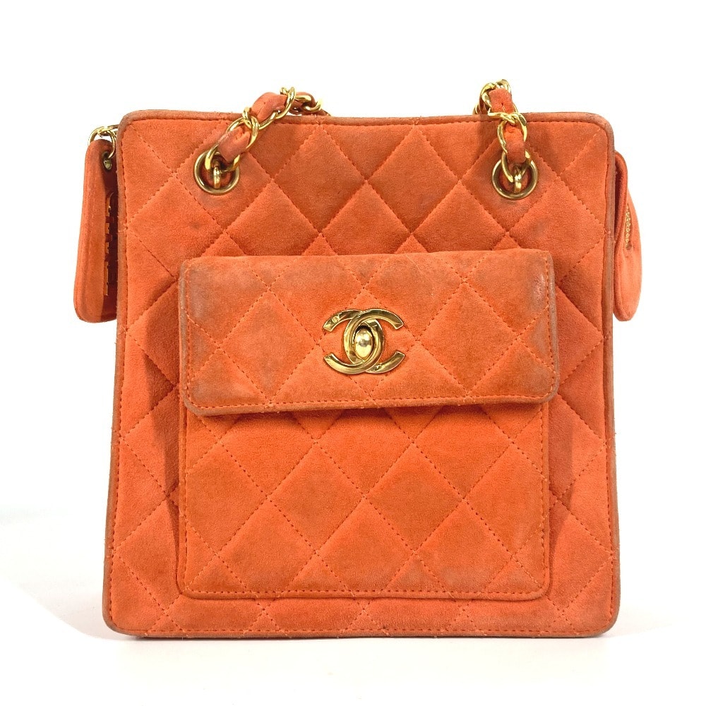 シャネル CHANEL CC ココマーク マトラッセ キルティング ヴィンテージ Wチェーン 肩掛け ハンドバッグ カバン ショルダーバッグ スエード オレンジ