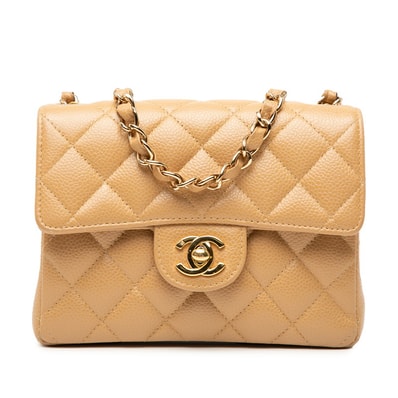 シャネル ミニマトラッセ ココマーク 斜め掛け チェーン ショルダーバッグ ベージュ キャビアスキン レディース CHANEL 【中古】