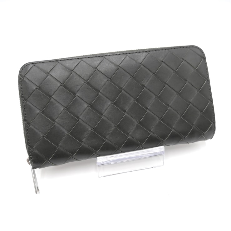 BOTTEGA VENETA(ボッテガ・ヴェネタ)ジップアラウンドウォレット 長財布 イントレチャート モスグリーン系 レザー シルバー金具 メンズ レディース【中古】