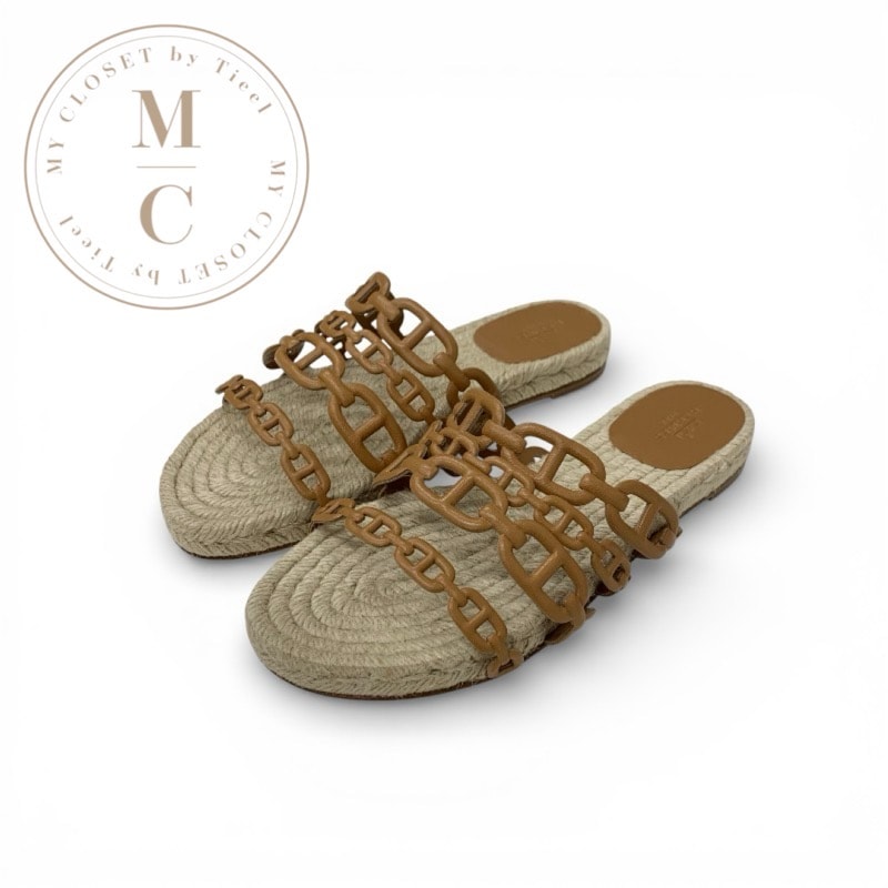 エルメス HERMES アンコーヌ サンダル 靴 シューズ レザー ブラウン シェーヌダンクル フラットサンダル