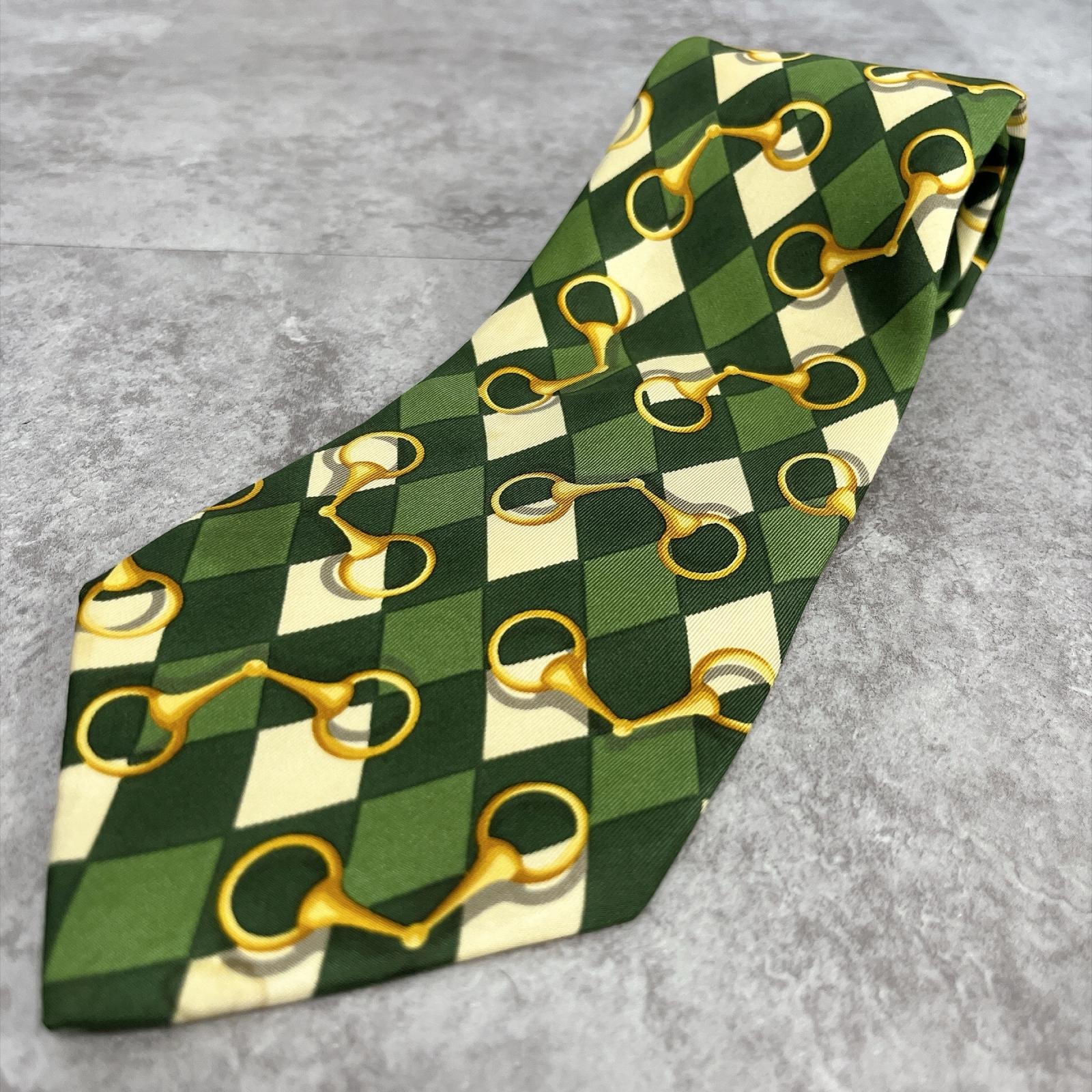 【GUCCI】グッチ ホースビット 馬具柄 チェック柄 ネクタイ グリーン ゴールド アイボリー シルク100% イタリア製 メンズ フォーマル 紳士