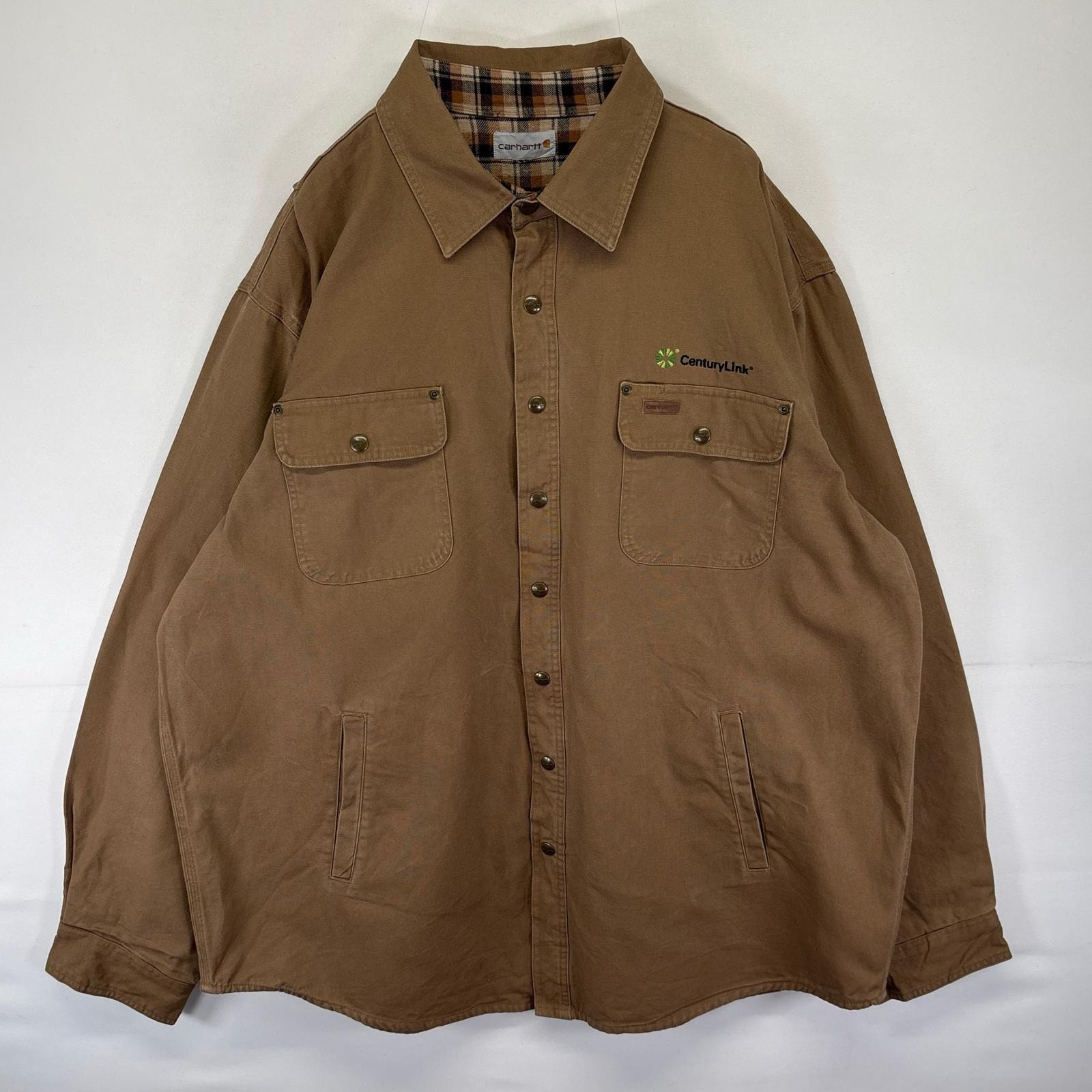 古着 カーハート Carhartt ダック ジャケット ワンポイント ロゴ スナップボタン 企業ロゴ刺繍 2XL  ブラウン系 チェック メンズ