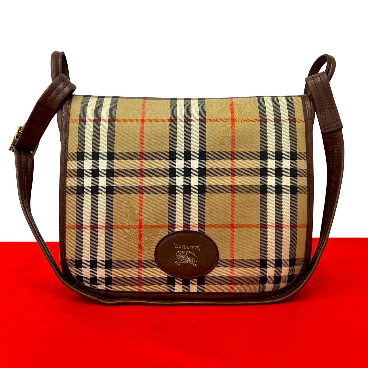 BURBERRY バーバリー ノバチェック 柄 シャドーホース ロゴ キャンバス レザー ショルダーバッグ ブラウン
 55980