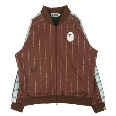 A BATHING APE アベイシングエイプ TEXT STRIPE JERSEY TOP ストライプ ジップアップ ジャケット ブラウン系 XL【中古】