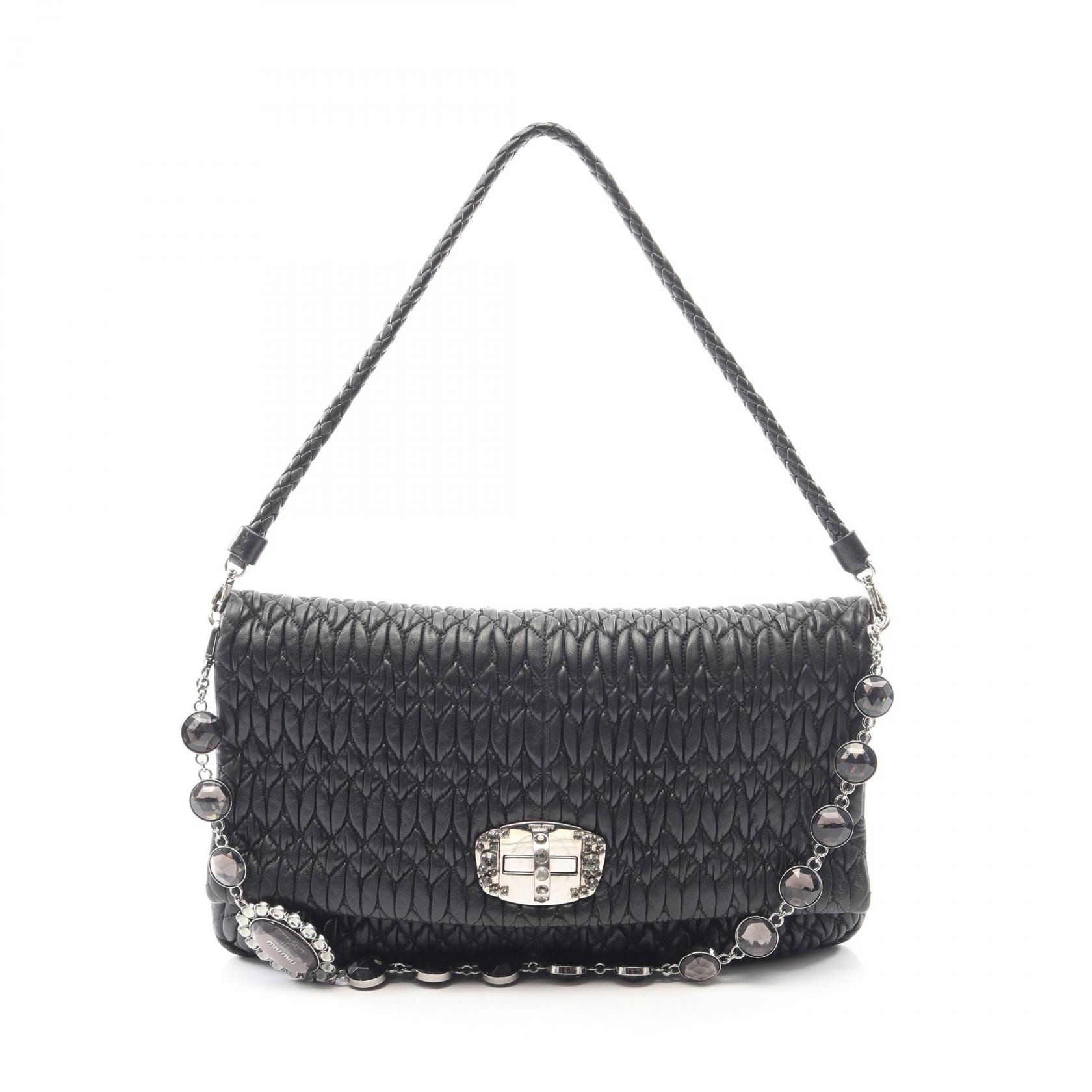 ミュウ ミュウ Miu Miu ナッパ クリスタル マテラッセ ショルダーバッグ バッグ レザー レディース ブラック系 【中古】