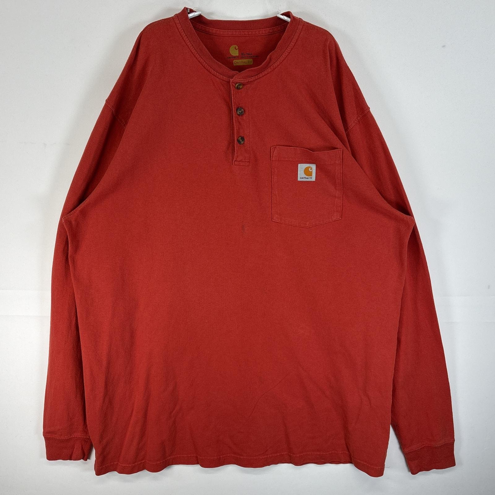 古着 カーハート Carhartt 長袖Tシャツ ヘンリーネック ワンポイント ロゴ 大きいサイズ  XL TALL  オレンジ 無地 メンズ