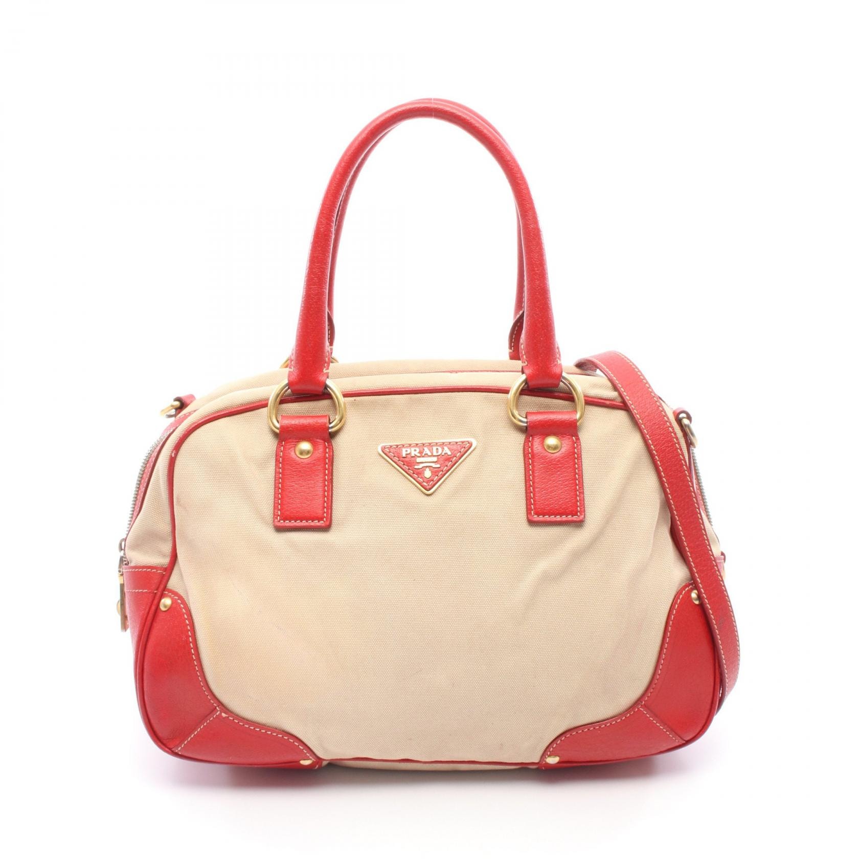 プラダ PRADA 2WAY ハンドバッグ バッグ キャンバス レザー レディース ベージュ系 / レッド系 BL0713 【中古】