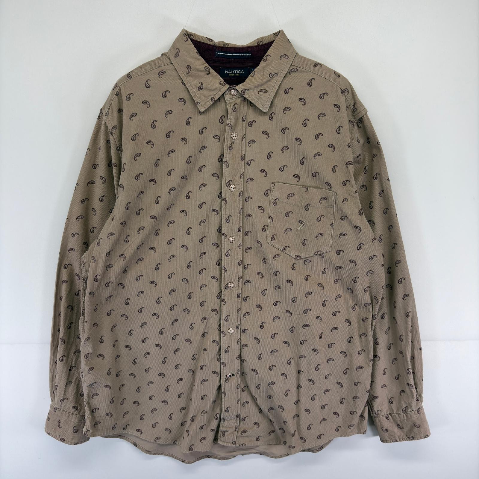 古着 ノーティカ NAUTICA コーデュロイ 長袖シャツ ワンポイント刺繍ロゴ 大きいサイズ XL  ベージュ系 総柄 メンズ