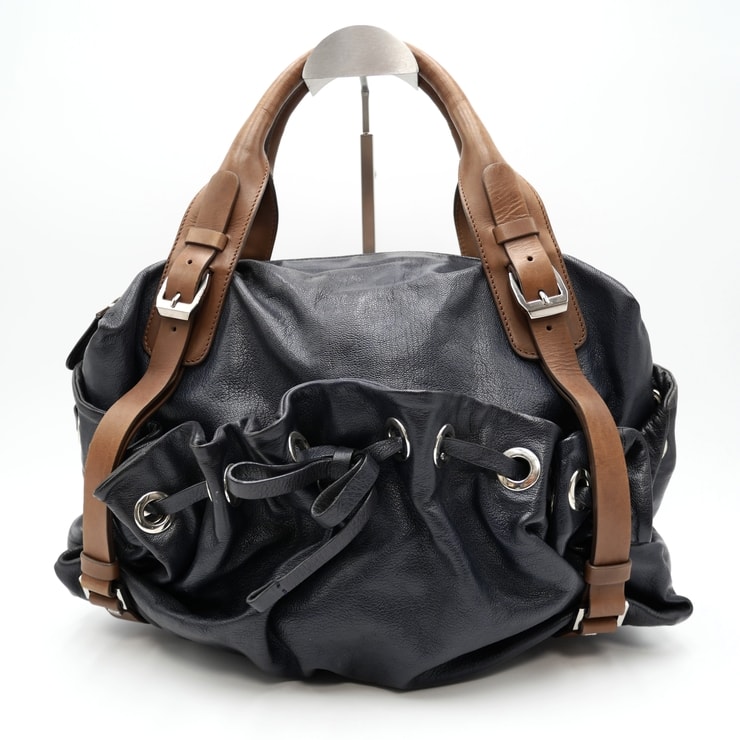 MARNI(マルニ)ヴィンテージ ハンドバッグ ボストンバッグ ネイビー レザー ブラウンハンドル シルバー金具 レディース【中古】