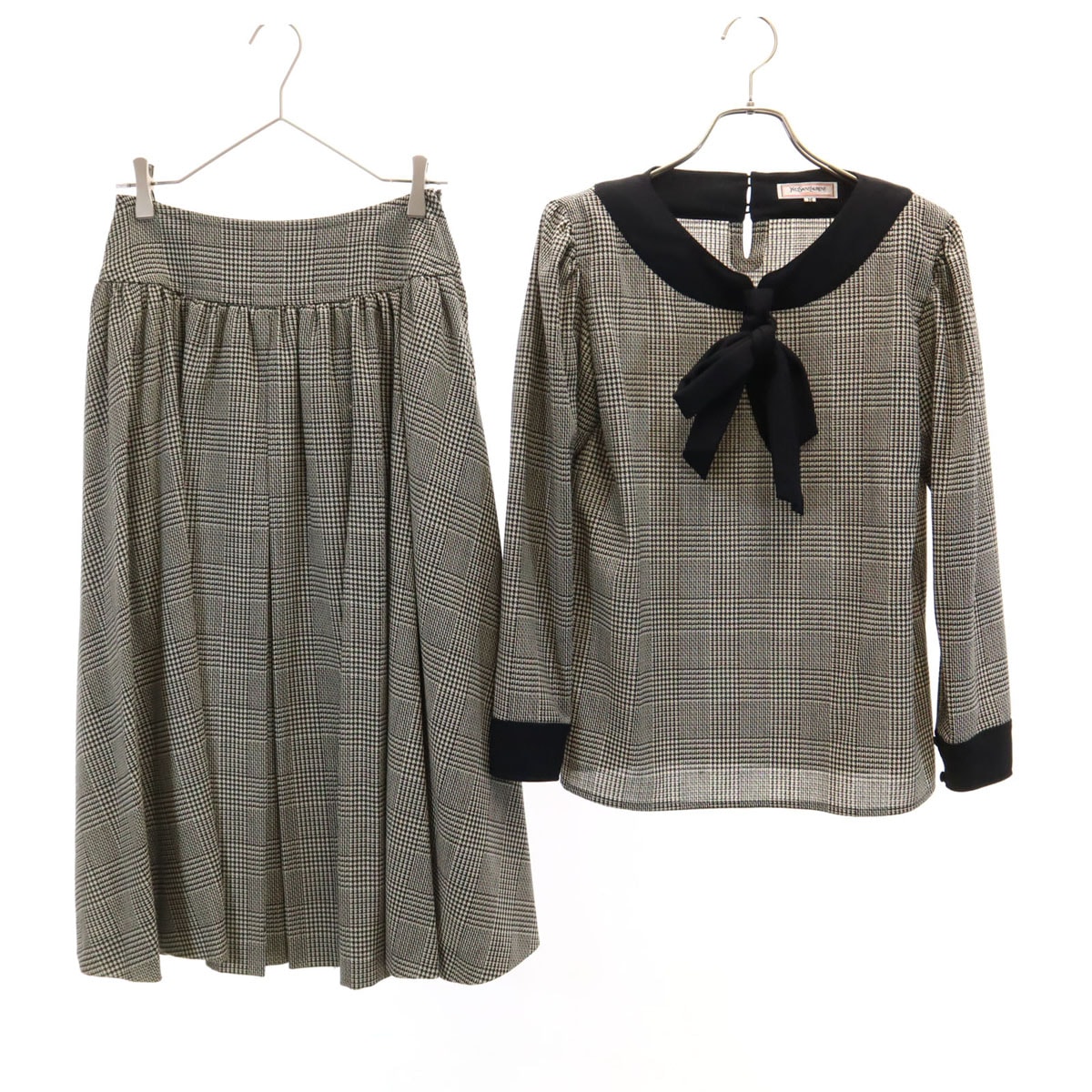 YVES SAINT LAURENT イヴサンローラン 80s 90s オールド グレンチェック柄 長袖 ブラウス 上下セットアップ M ベージュ