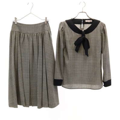 YVES SAINT LAURENT イヴサンローラン 80s 90s オールド グレンチェック柄 長袖 ブラウス 上下セットアップ M ベージュ