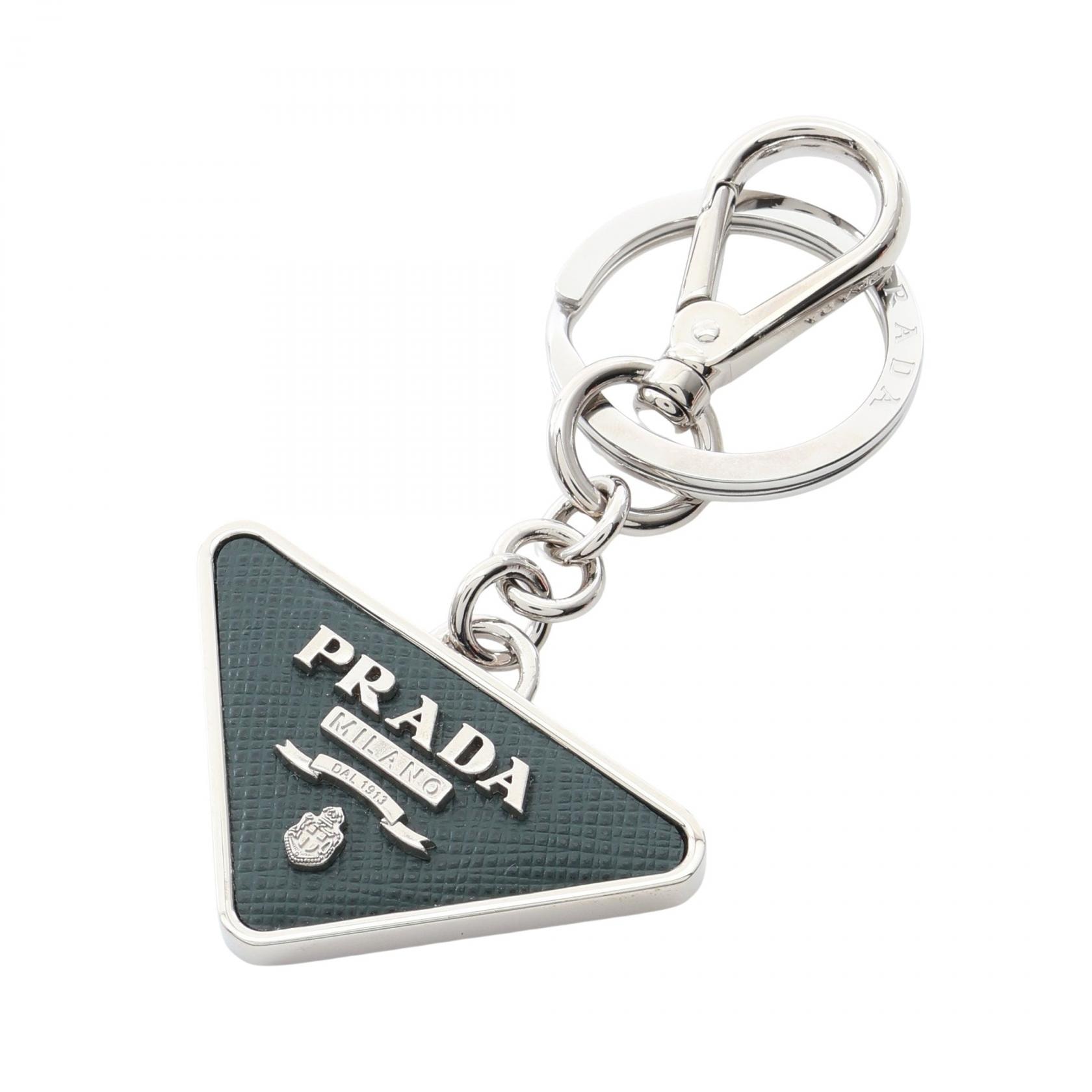 プラダ PRADA トライアングルロゴ キーホルダー アクセサリー サフィアーノレザー メタル メンズ レディース グリーン系 2PP080 【中古】