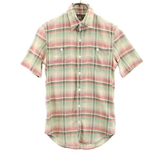 RRL ダブルアールエル 黒タグ 一ツ星 ストライプ柄 半袖 シャツ XS 緑×ピンク×ベージュ RALPH LAUREN