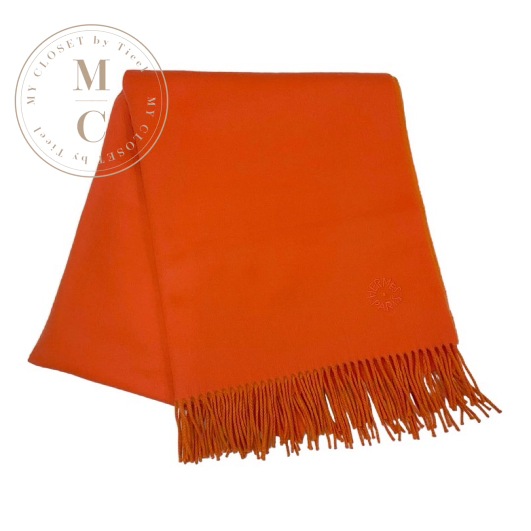 エルメス HERMES ダブルフェイス マフラー カシミヤ オレンジ ロゴ ストール