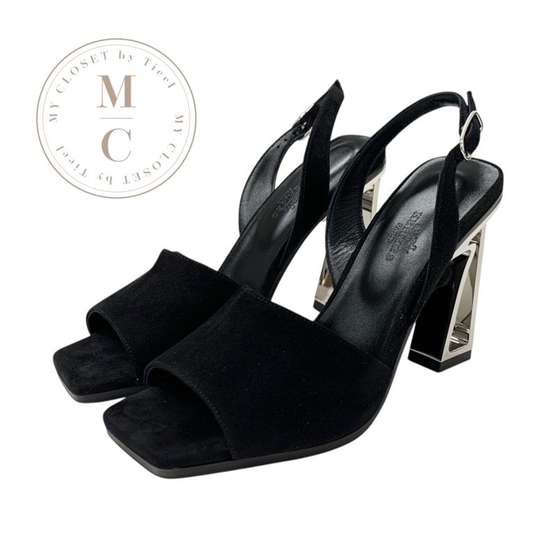 エルメス HERMES クリスタル 105 サンダル 靴 シューズ スエード ブラック シルバー 黒 ストラップ