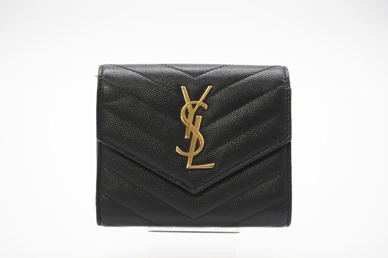 美品 YVES SAINT LAURENT イヴ・サンローラン レザー コンパクト スリーフォールド ウォレット 403943 三つ折り財布 ブラック カーフレザー レディース