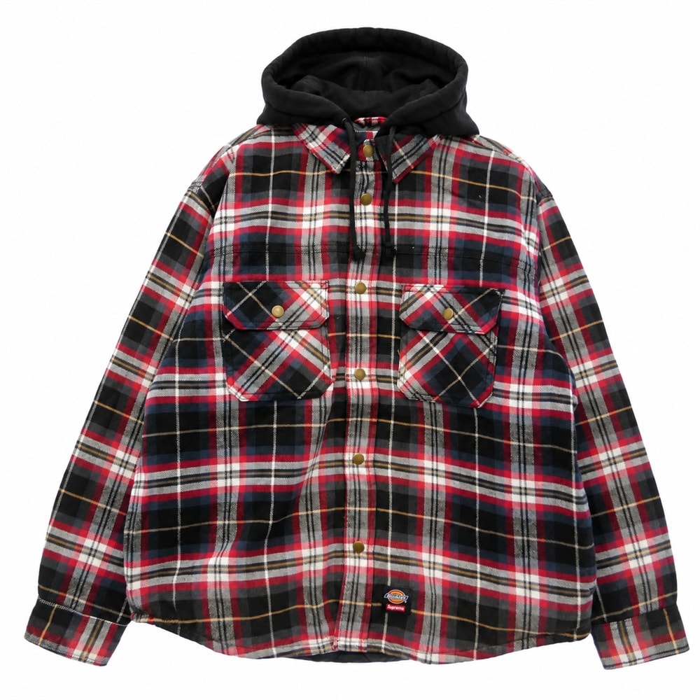 Supreme シュプリーム Dickies ディッキーズ 25AW × Dickies Lined Zip Up Hooded Flannel Shirt チェック柄 ジップアップ フーデッド 長袖 フランネルシャツ レッド系 M【新古品】【未使用】【中古】