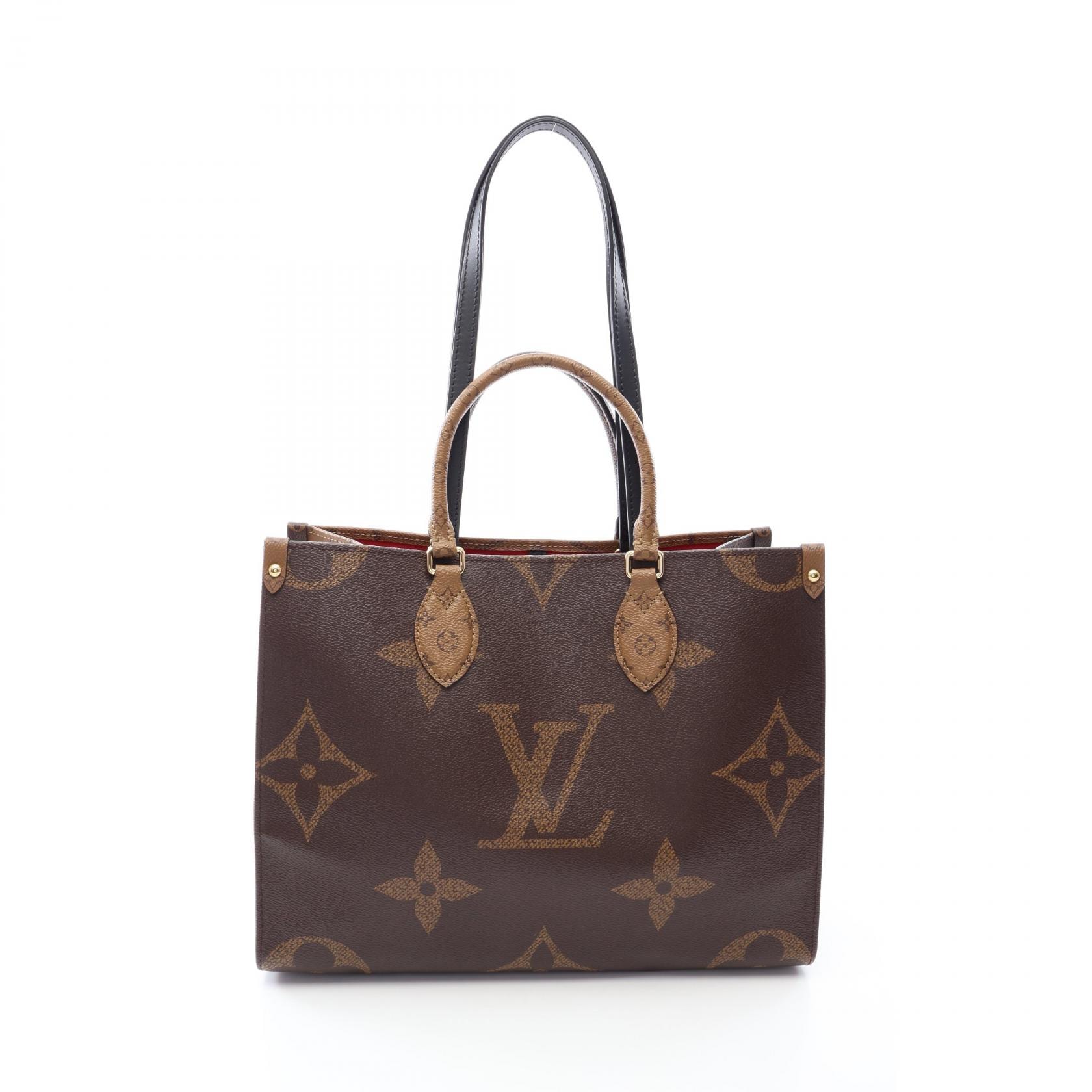 ルイ・ヴィトン LOUIS VUITTON オンザゴーMM トートバッグ バッグ PVCコーティングキャンバス レザー モノグラム・ジャイアントリバース ベージュ レディース ブラウン系 / ベージュ系 M45321 【中古】