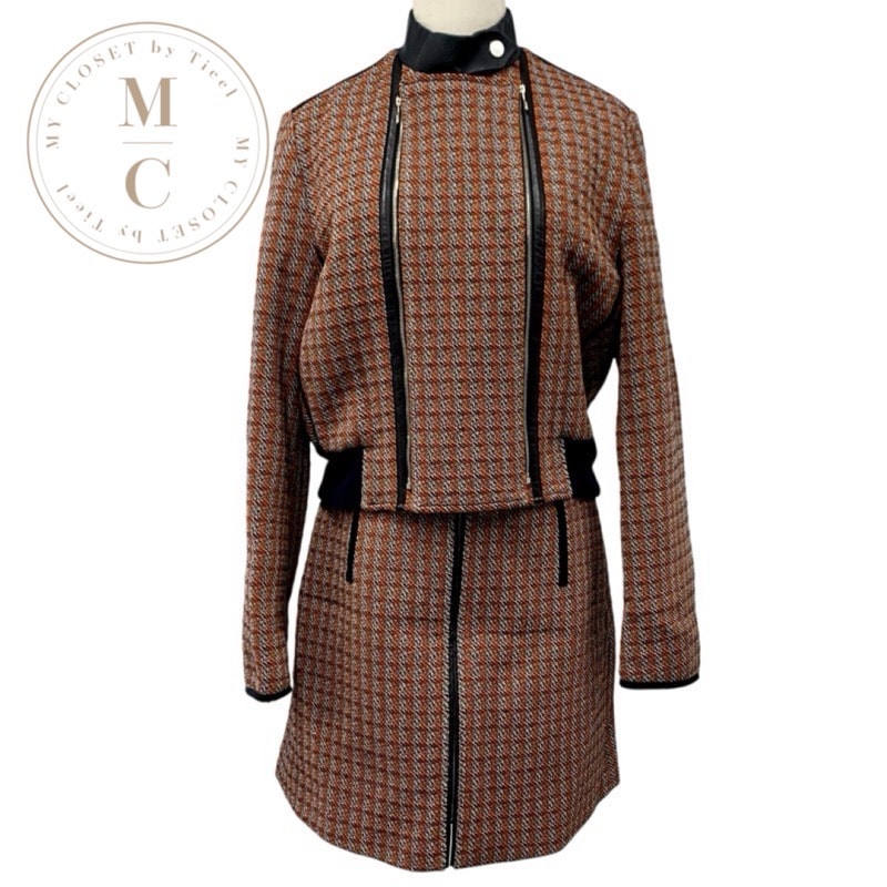 エルメス HERMES セットアップ ウール オレンジ ブラック ホワイト ジャケット スカート チェック