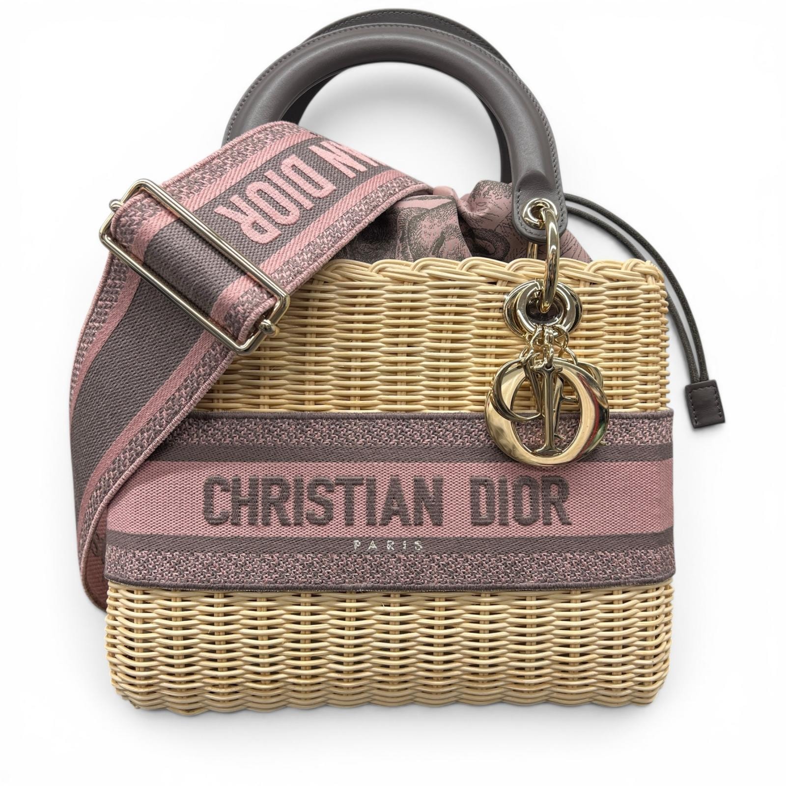 Christian Dior 希少 展示品級 美品 Lady Dior バッグ ミディアム ラタン & ディオール オブリーク ジャカード 2way ハンドバッグ ショルダーバッグ ラタン レザー ベージュ ロゴ SAランク 鑑定済 中古