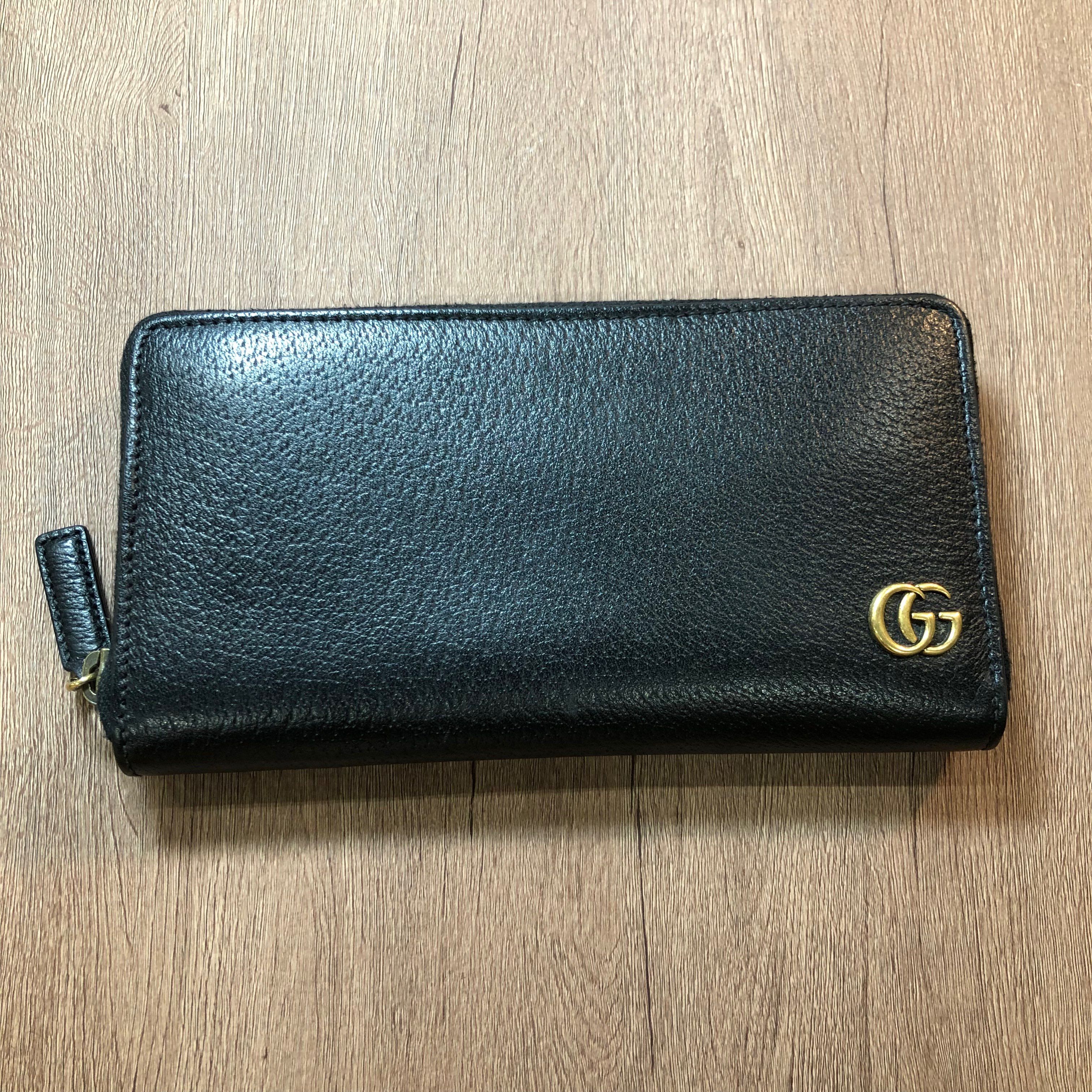 GUCCI GG Marmont Leather Zip Around Wallet "Black/Gold"