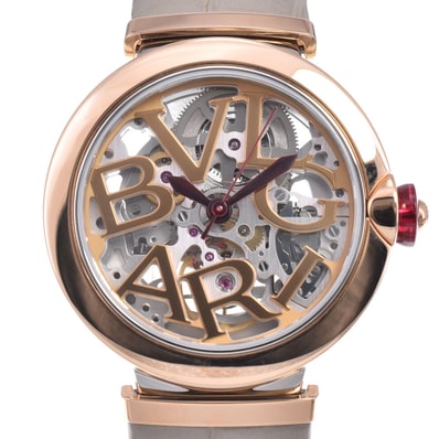 値下 ブルガリ BVLGARI LUP33SG ルチェア スケルトン K18PG/レザー ゴールド/スケルトン レディース 美品 腕時計 O#148974