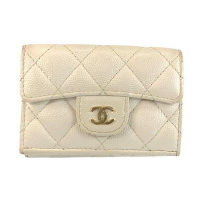美品 CHANEL シャネル マトラッセ ココマーク ホワイト ゴールド金具 レザー 三つ折り財布 折財布 コンパクトウォレット 600621 【中古】
