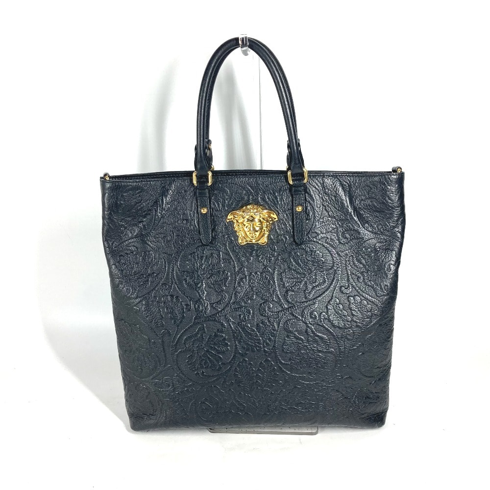 ヴェルサーチ VERSACE メデューサ ロゴ 肩掛け トートバッグ ショルダーバッグ 縦型 ハンドバッグ レザー ブラック