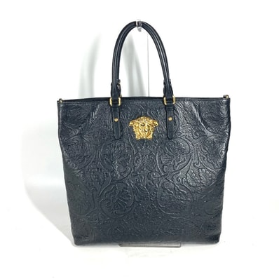 ヴェルサーチ VERSACE メデューサ ロゴ 肩掛け トートバッグ ショルダーバッグ 縦型 ハンドバッグ レザー ブラック
