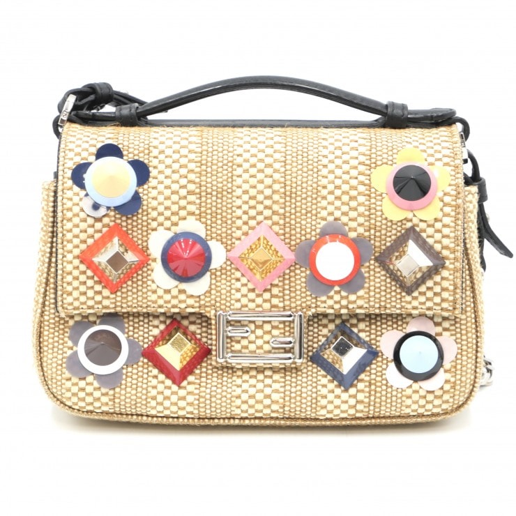 FENDI(フェンディ)ダブルマイクロバケット ショルダーバッグ ハンドバッグ 2WAY ラフィア風 フラワースタッズ ベージュ系 ブラック レディース 【中古】