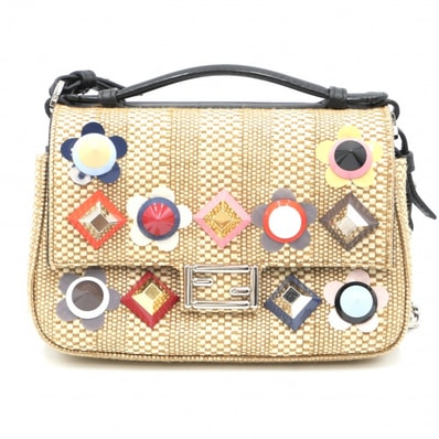 FENDI(フェンディ)ダブルマイクロバケット ショルダーバッグ ハンドバッグ 2WAY ラフィア風 フラワースタッズ ベージュ系 ブラック レディース 【中古】